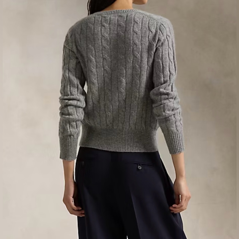 Polo Ralph Lauren Grey CASHMERE (L)Cable-Knit SFA Crewneck Cardigan -Like New - Picture 6 of 14